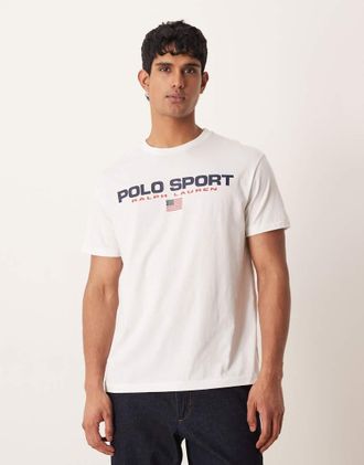 Polo Ralph Lauren T-shirt classica sportiva bianca con logo grande e bandiera sul petto-Bianco