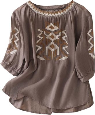 Generic Womens Blouses & Shirts Embroidered Tops for Women UK Floral Cotton Linen Tunic T-Shirt 3/4 Sleeve V Neck Button Boho Ethnic Tennis Clothes (1-Grey, X