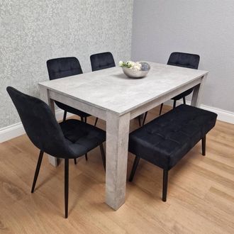 Kosy Koala Modern Grey Dining Table with 4 Black Velvet Chairs & Black Bench