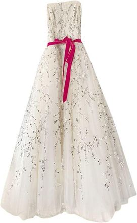 Monique Lhuillier Floral Embroidered Ivory Tulle Gown Size S