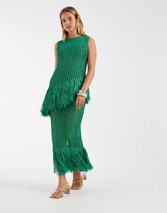 Asos Top senza maniche asimmetrico verde con orlo con frange e cuciture traforate-Nero