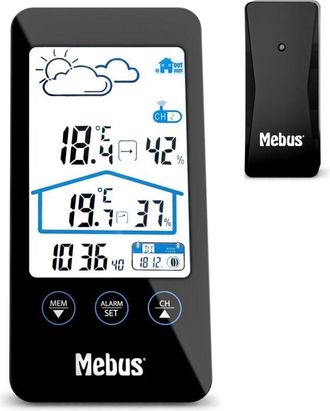 Mebus Wetterstation mit Au&szlig;ensensor, zeigt Temperatur und Luftfeuchtigkeit innen und au&szlig;en, mit Wettervorhersage und Mondphasen, Displaybeleuchtung