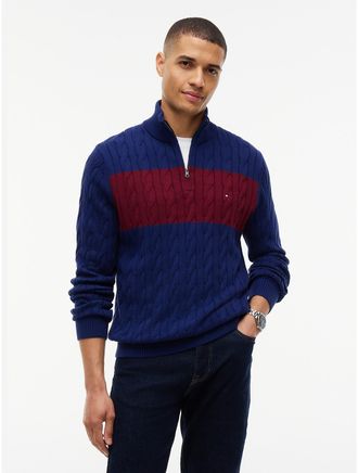 Tommy Hilfiger Mens Cable Knit Striped Quarter-Zip Sweater - Preppy Navy - XXXL