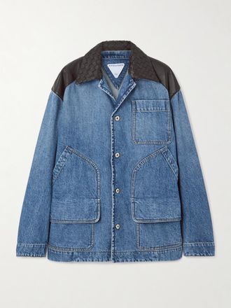 Bottega Veneta Giacca In Denim Con Finiture In Pelle E Motivo Intrecciato - Blu