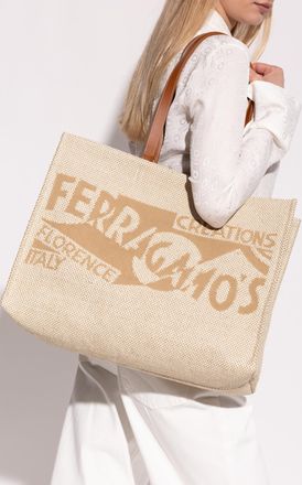 Ferragamo Shopper Bag Sign Large, Womens, Beige