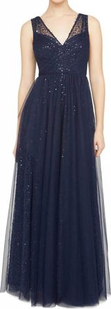 Theia Kiana Beaded V Neck Gown In Navy