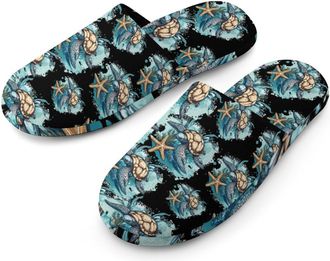 Generic Sea Turtle And Starfish Mens Flannel Slipper Soft Comfy House Shoes Non Slip Winter Warm Indoor Outdoor Slippers