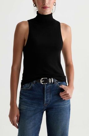 AG - Adriano Goldschmied Faey Mock Neck Ribbed Tank in Super Black at Nordstrom, Size X-Large
