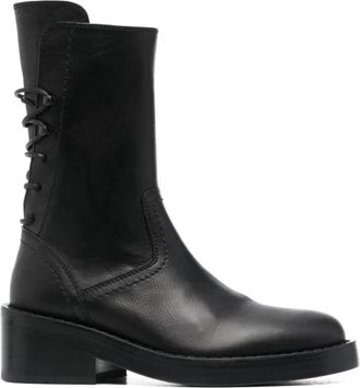 Ann Demeulemeester Zwarte Leren Veterschoenen met Lage Blokhak - Dames - Veterlaarzen - Zwart - 38 EU - Leer - Schoenen