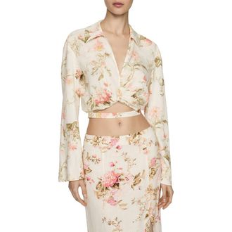 Mango Floral Long Sleeve Linen Blend Wrap Top in Vanilla at Nordstrom, Size 8