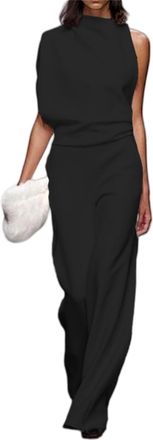 Generic Elegant and Stylish Off-Shoulder V-Neck Jumpsuit for Women,Solid Color one Shoulder Jumpsuit (Black,L)