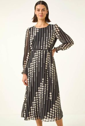 Roman Spot Print Shirred Midi Dress