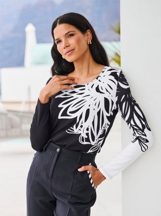 Heine Langarmshirt HEINE Druck-Shirt, Damen, Gr. 34, schwarz, ecru, bedruckt, 95% Viskose, 5% Elasthan, bedruckt, gebl&uuml;mt, gemustert, mehrfarbig, Rundhals, 