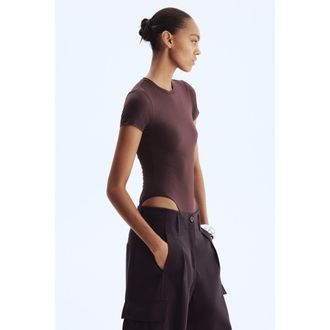 H&M Short-sleeved microfiber bodysuit in Dark Brown at Nordstrom, Size 4X-Large