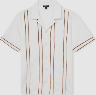 Reiss White & camel Piped-stripe Cuban-collar Shirt, XS