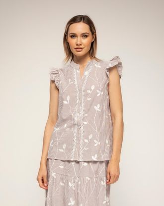 Tantra Gestreepte blouse met borduursels en kantdetail met ruches aan de mouwen