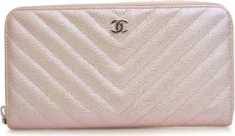 Chanel Portafoglio CC in pelle Caviar iridescente con motivo chevron e zip a giro 2017-2018 - Rosa