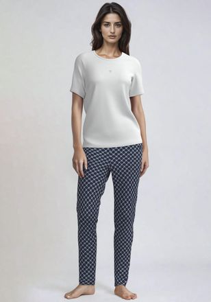 Joop Pyjamahose JOOP Cosy, Damen, Gr. 34, N-Gr, blau (navy aop), Obermaterial: 95% Baumwolle, 5% Elasthan, gemustert, bequem lang, Hosen Pyjamahose, mit Tu