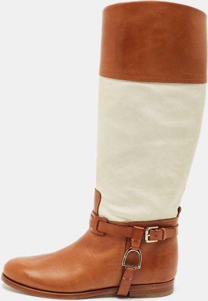 Ralph Lauren Collection Tan/white Canvas And Leather Riding Knee Length Boots