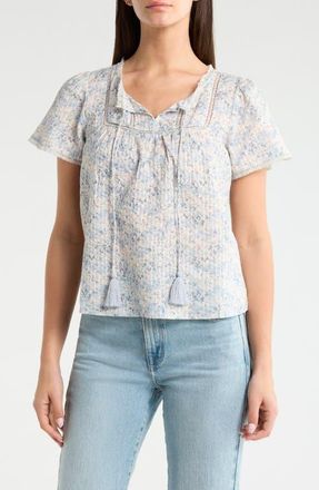 Lucky Brand Floral Flutter Sleeve Cotton Blend Top in Blue Floral at Nordstrom, Size Xx-Large