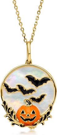 Ross-Simons Mother-Of-Pearl Harvest Moon Pendant Necklace With Black and Orange Enamel in 18kt Gold Over Sterling