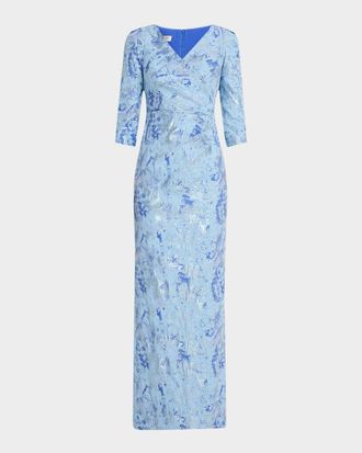 Teri Jon Pleated Metallic Jacquard Column Gown