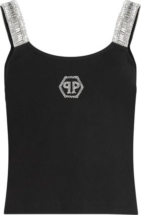 Philipp Plein Rib Tank Top Strass Hexagon - Dames - Tops zonder mouwen - Zwart - M - Katoen - Tops