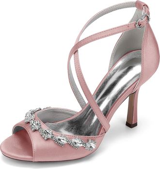 Generic Womens High Heel Sandals Open Toe Bridal Satin Crystal Stiletto Wedding Shoes Formal Prom Party Dress Shoes 9.5Cm,Flesh Pink,10 UK