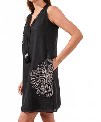 Tribal Embroidered V-Neck Sleeveless Dress With Tassel Accents In Black