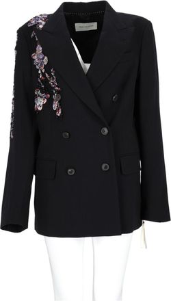 Dries Van Noten Black Double-Breasted Floral Embellished Wool Blazer