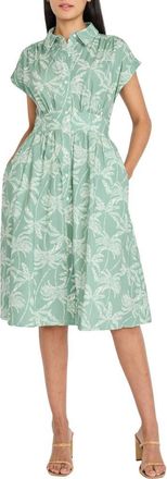 Maggy London Cap Sleeve Stretch Cotton Midi Shirtdress in Sage/Ivory at Nordstrom, Size 14