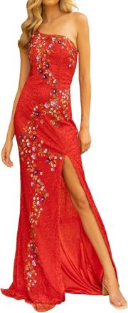 Primavera One Shoulder Neckline Gown In Red