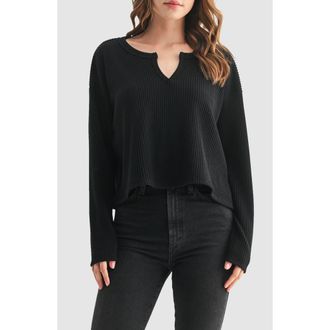Lush Split Neck Long Sleeve Ribbed Top in Black at Nordstrom Rack, Size X-Small