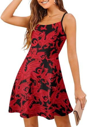 Generic Welsh Dragon Womens Spaghetti Strap Dress Mini Dresses Casual Sling Vacation Sundress Knee Length Skirt