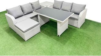 Fimous Fimous - 7 Seater Rattan Outdoor Dining Table 3 Seater Sofa Set with Side Table Big Stool Light Grey