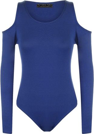 The Celebrity Fashion Womens Cold Shoulder Bodysuit Ladies Slash Neck Long Sleeve Cut Out Leotard Top Royal Blue
