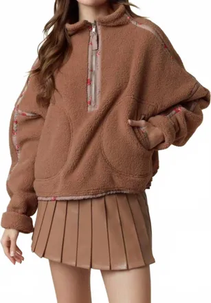 Peach Love California Ditsy Floral Half Zip Sherpa Jacket In Camel