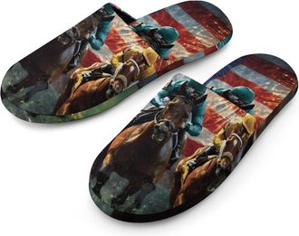 Generic USA Running Horses Mens Slippers Warm Non-Slip Houes Shose Spa Slipper for Home Bedroom