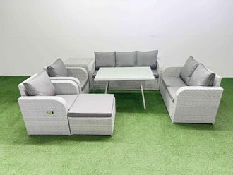 Fimous Outdoor Rectangular Table Sofa Set with Reclining Chair Side Table in Light Grey