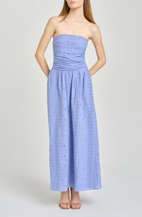 Wayf Pippa Gathered Eyelet Strapless Cotton Midi Dress in Chambray at Nordstrom, Size X-Large