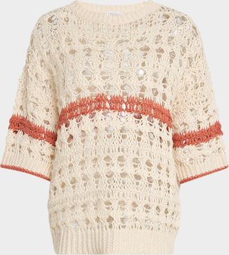 Brunello Cucinelli Stripe Cotton-Jute Open Knit Short-Sleeve Sweater