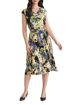 Kasper Cowl Neck Tie Waist Flare Dress in Black Multi at Nordstrom, Size 12