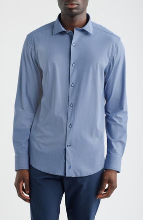Johnston & Murphy XC+ Motion Micropattern Knit Button-Up Shirt in Navy Basketweave at Nordstrom, Size Xxx-Large