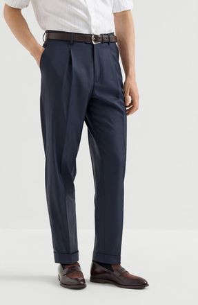 Brunello Cucinelli Super 150s virgin wool four season batavia trousers with pleat in Navy Blue at Nordstrom, Size 56