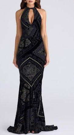 House of CB Oliviana Cutout Foil Devoré Halter Gown in Black Gold at Nordstrom, Size X-Small