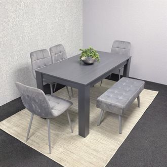 Kosy Koala Dining Table & 4 Chairs With Bench Dark Grey, 4 Grey Velvet Chairs Wood Dining Set Furniture in Brown