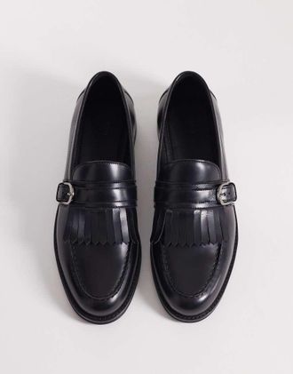 Asos Mocassini neri in pelle con frange e fibbie-Nero