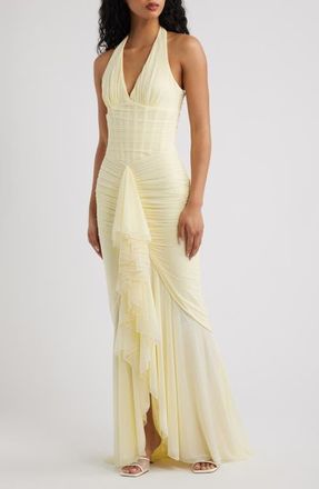 House of CB Carmine Ruched Mesh Halter Dress in Lemon Yellow at Nordstrom, Size Medium