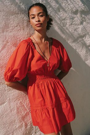 Maeve 100% Cotton Puff-Sleeve Smocked A-Line Mini Dress