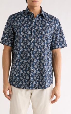 Bugatchi Orson Paisley Pattern Short Sleeve Button-Up Shirt in Navy at Nordstrom Rack, Size Xxx-Large